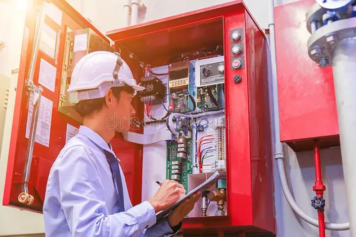 Technician inspecting a commercial fire alarm control panel